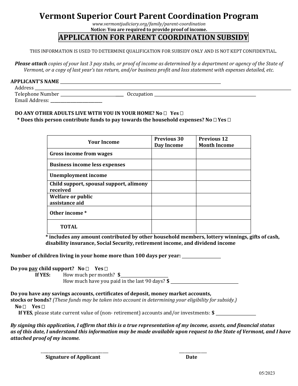 Application for Parent Coordination Subsidy - Vermont, Page 1