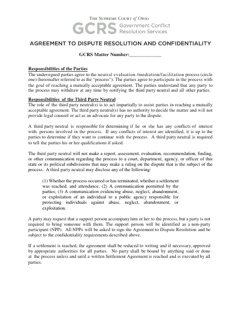Agreement to Dispute Resolution and Confidentiality - Ohio Download Pdf