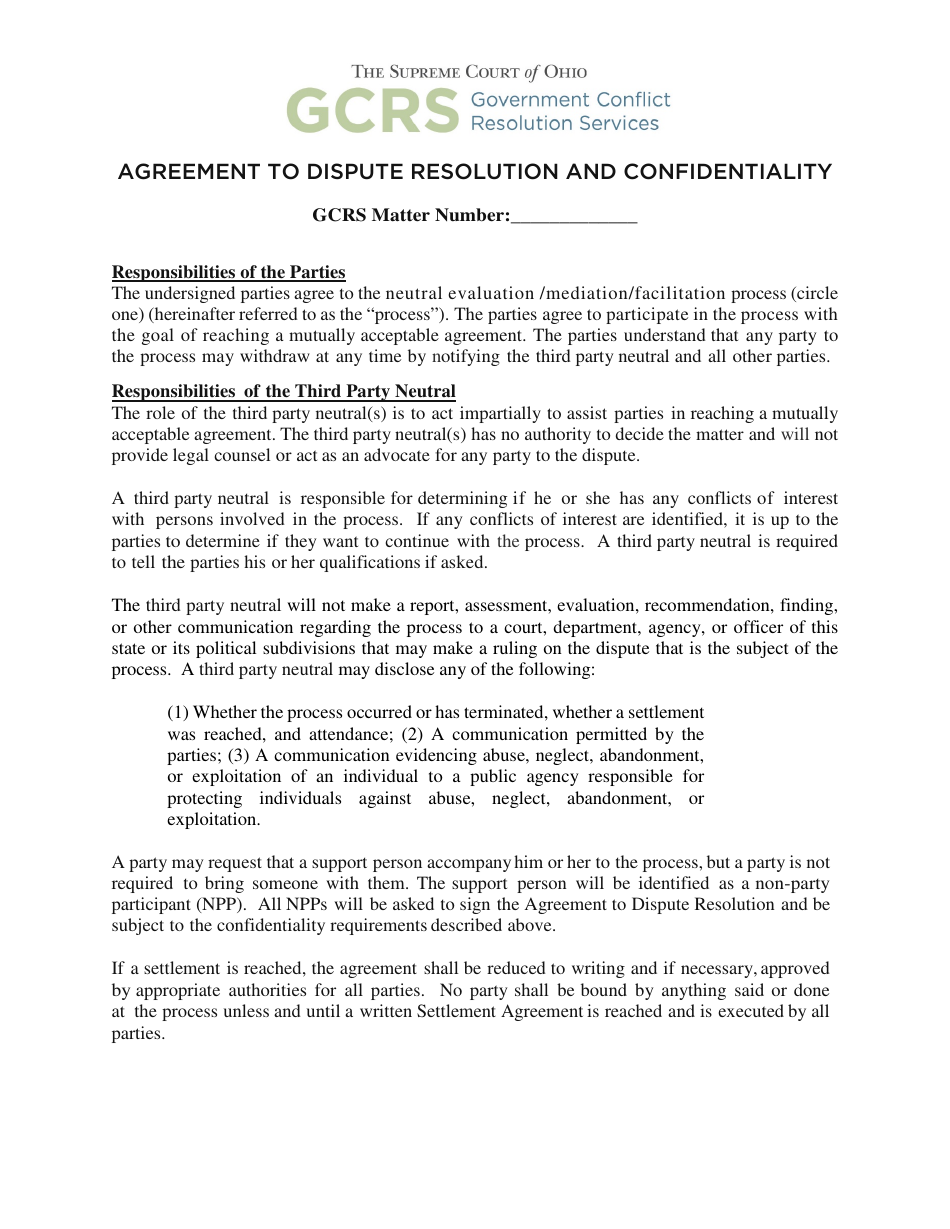 Agreement to Dispute Resolution and Confidentiality - Ohio, Page 1