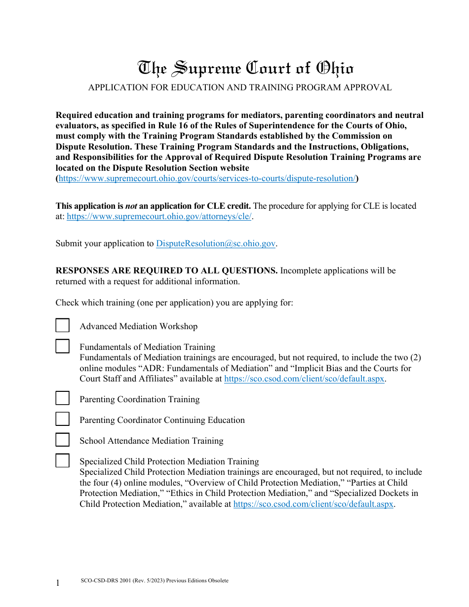 Form SCO-CSD-DRS2001 Application for Education and Training Program Approval - Ohio, Page 1