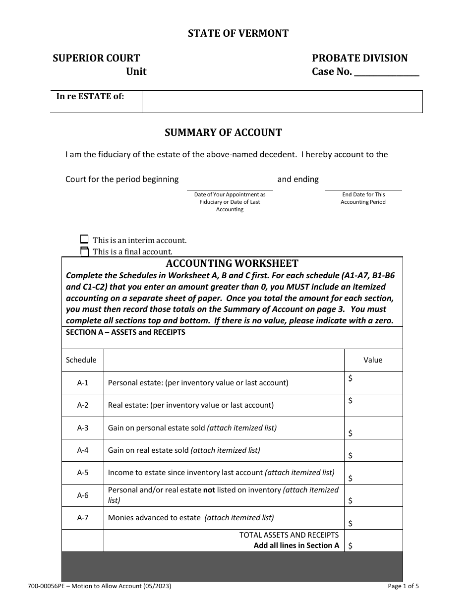 Form 700-00056PE Summary of Account - Vermont, Page 1