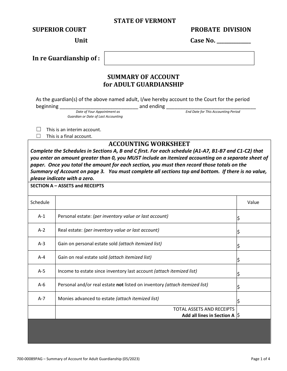 Form 700-00089PAG Summary of Account for Adult Guardianship - Vermont, Page 1