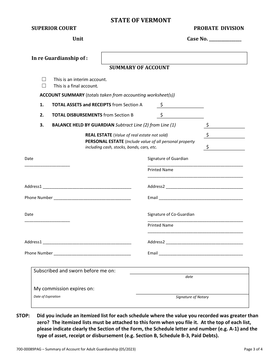 Form 700-00089PAG Summary of Account for Adult Guardianship - Vermont, Page 3