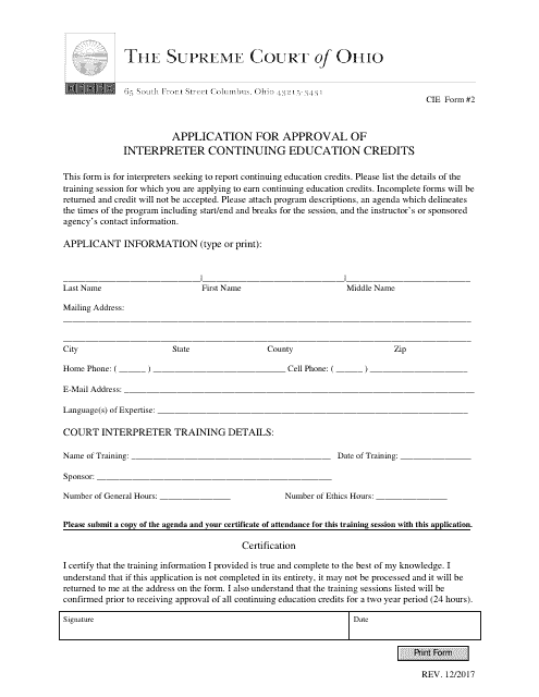 CIE Form 2 Application for Approval of Interpreter Continuing Education Credits - Ohio