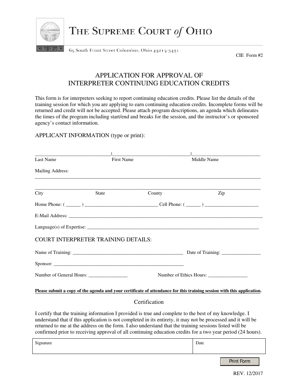 CIE Form 2 Application for Approval of Interpreter Continuing Education Credits - Ohio, Page 1