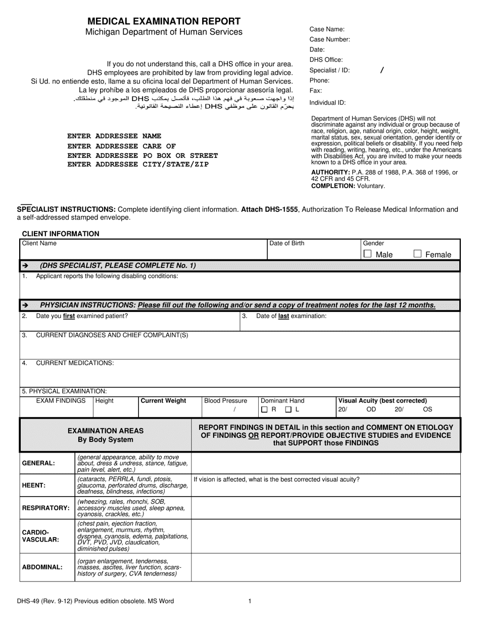Form DHS-49 Medical Examination Report - Michigan, Page 1