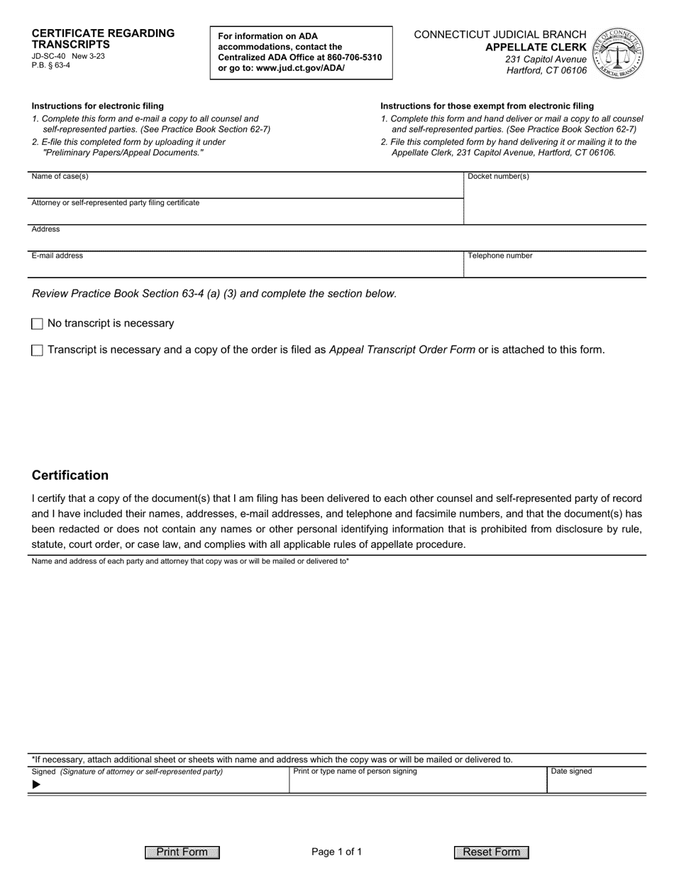 Form JD-SC-40 Certificate Regarding Transcripts - Connecticut, Page 1