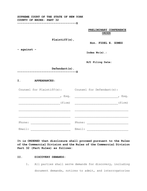 Preliminary Conference Order - Part 32 - Bronx County, New York Download Pdf