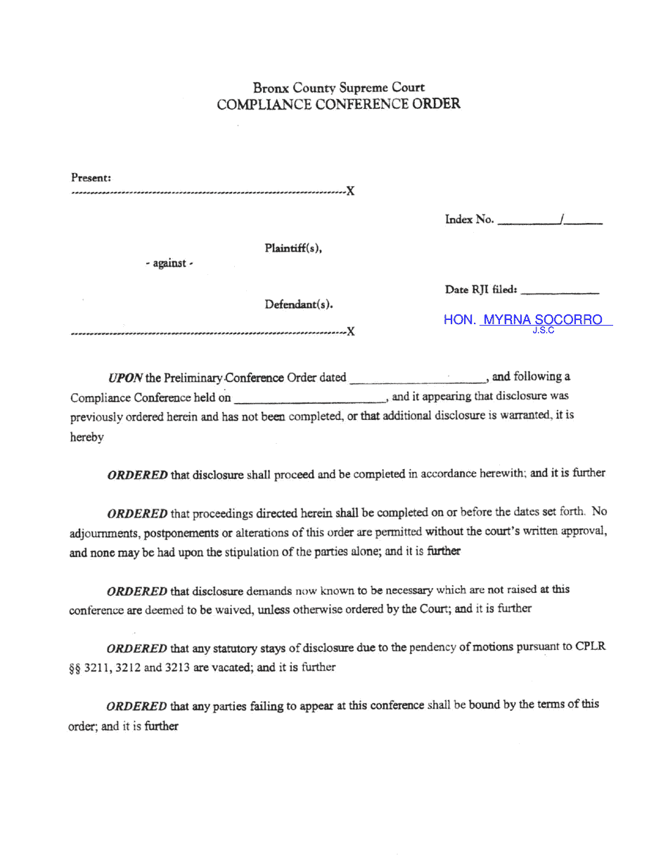 Compliance Conference Order - Part 9 - Bronx County, New York, Page 1