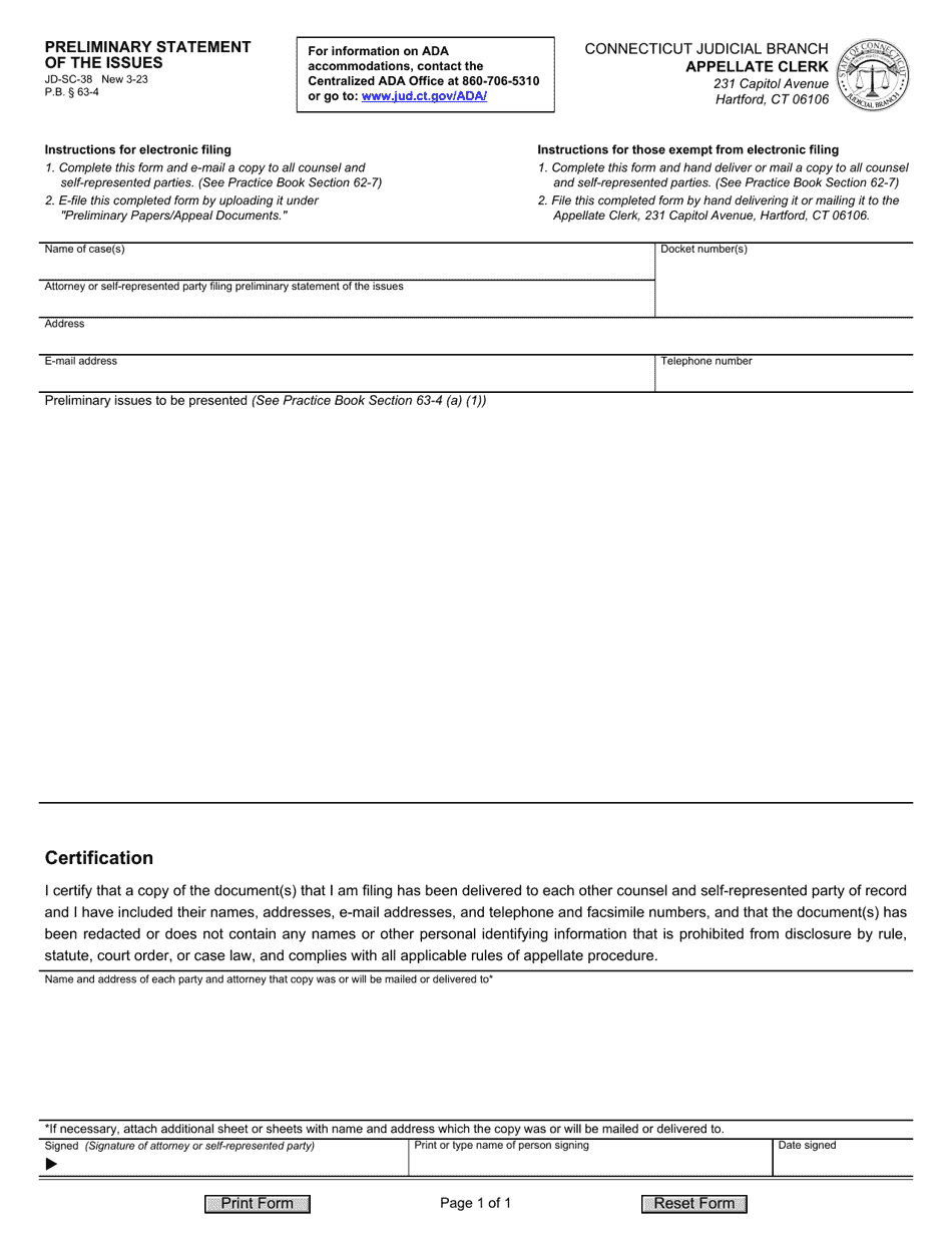 Form JD-SC-38 Preliminary Statement of the Issues - Connecticut, Page 1