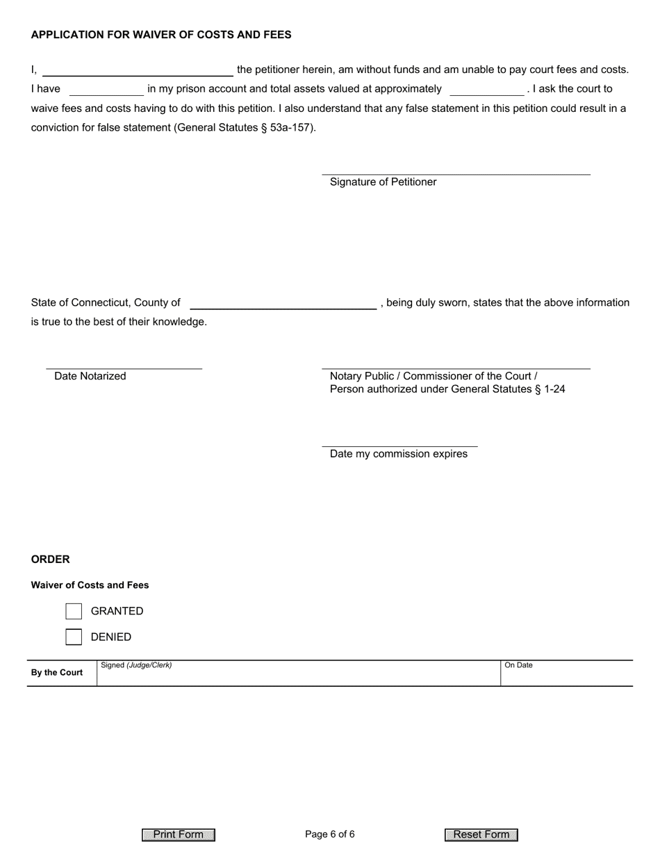 Form JD-CV-176 Petition for Writ of Habeas Corpus - Conditions of Confinement / Medical Treatment - Connecticut, Page 6