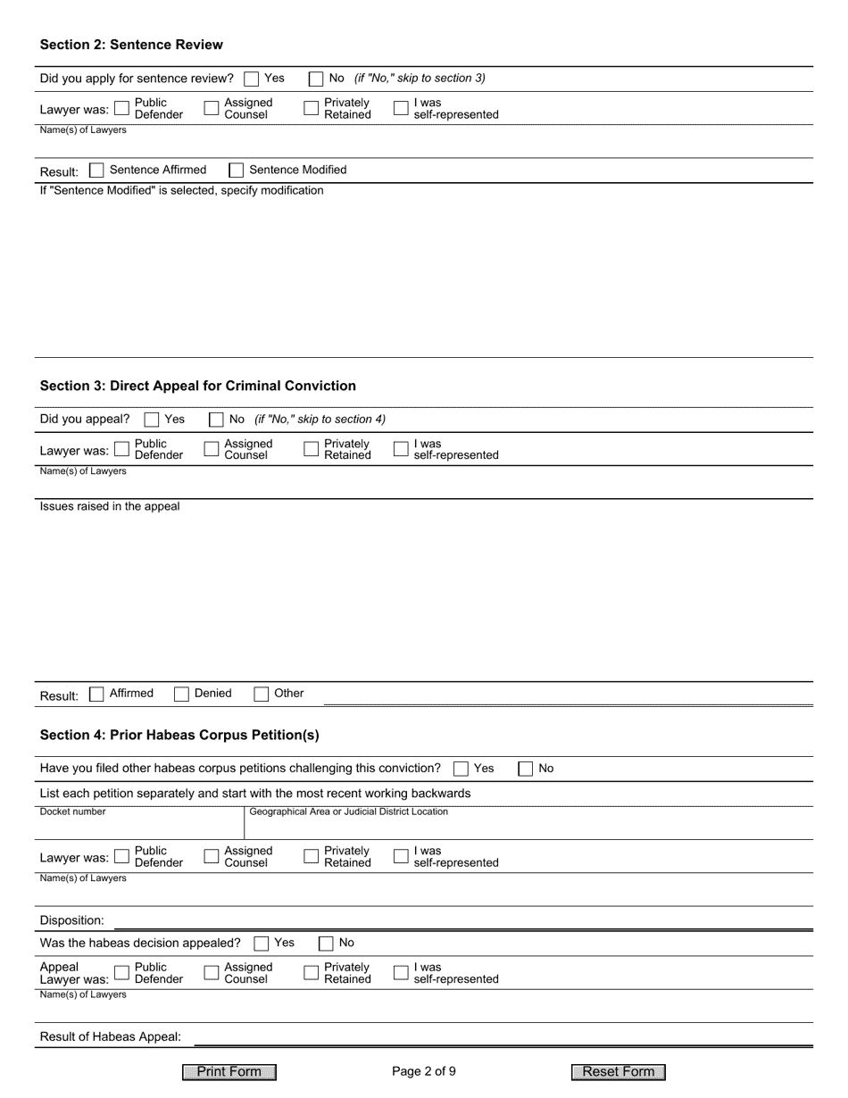 Form JD-CV-175 Petition for Writ of Habeas Corpus - Conviction Proceeding / Sentence Calculation - Connecticut, Page 2