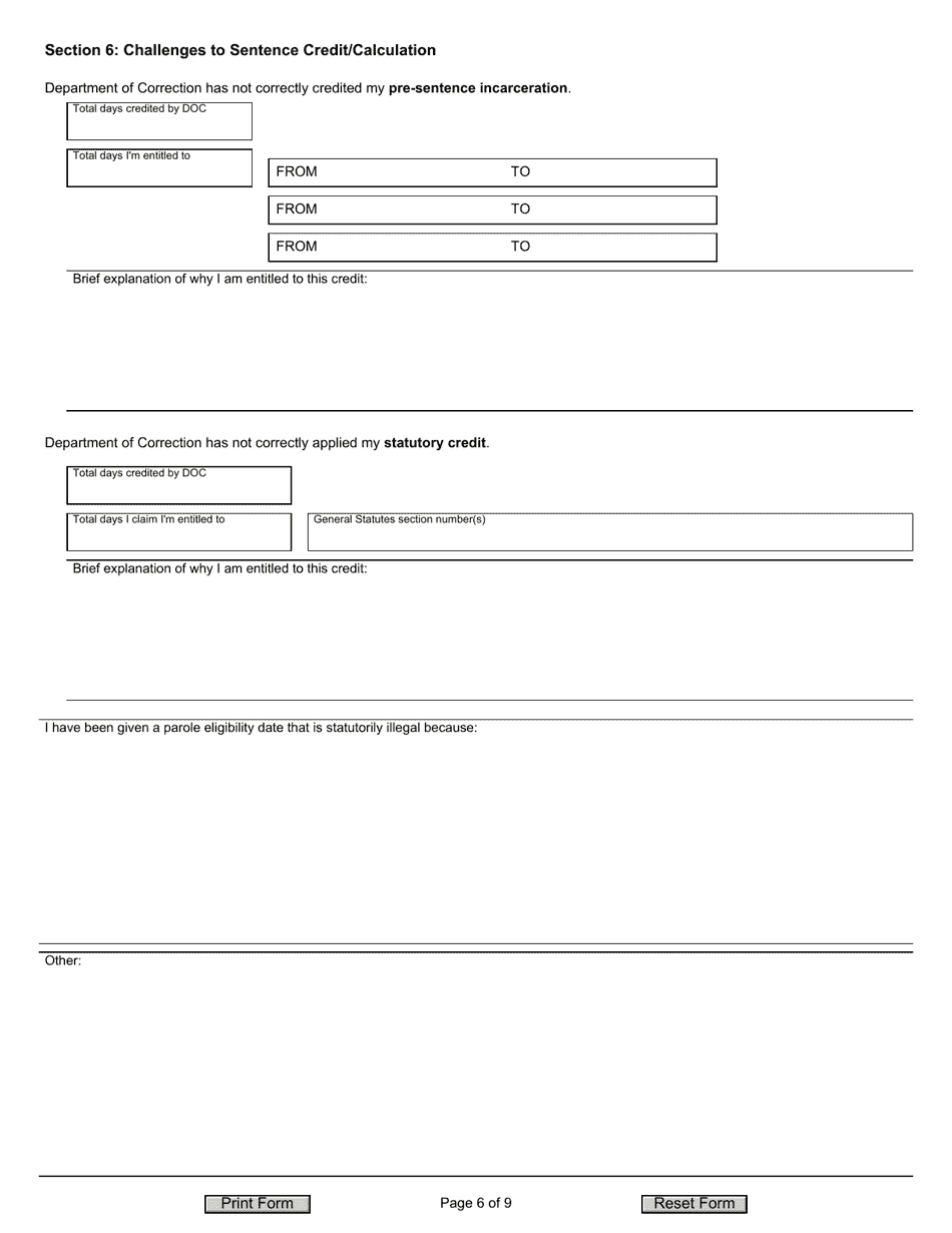 Form JD-CV-175 Petition for Writ of Habeas Corpus - Conviction Proceeding / Sentence Calculation - Connecticut, Page 6