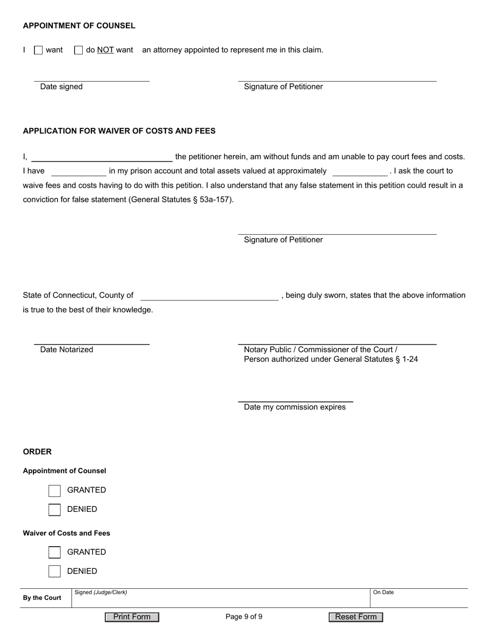 Form JD-CV-175 Petition for Writ of Habeas Corpus - Conviction Proceeding / Sentence Calculation - Connecticut, Page 9