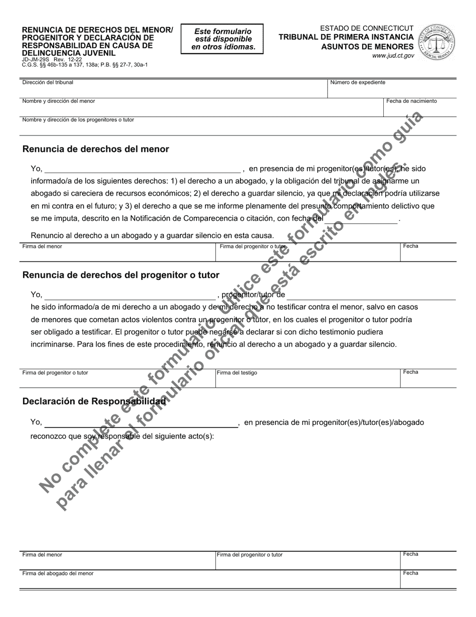 Formulario JD-JM-29S Renuncia De Derechos Del Menor / Progenitor Y Declaracion De Responsabilidad En Causa De Delincuencia Juvenil - Connecticut (Spanish), Page 1