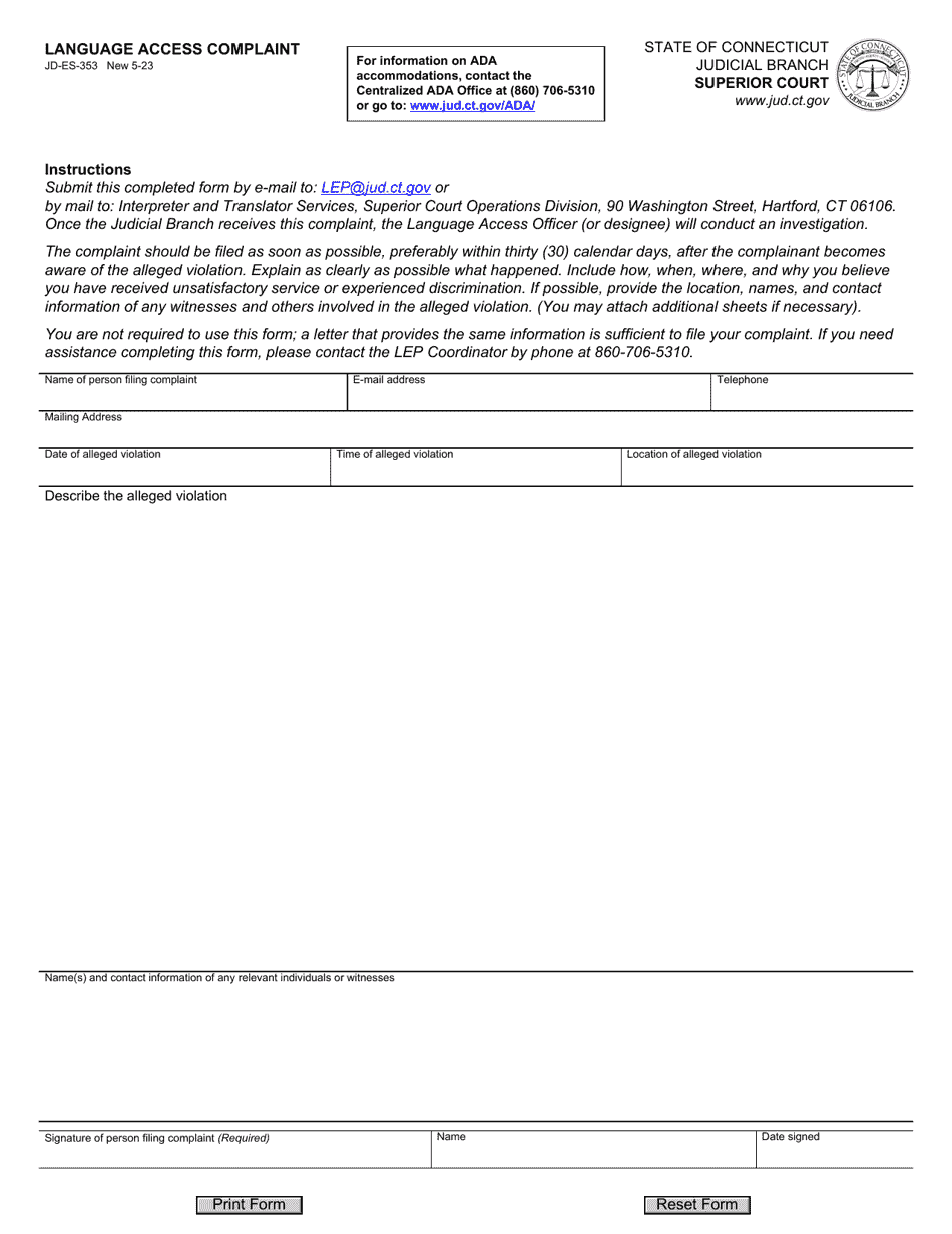 Form JD-ES-353 Language Access Complaint - Connecticut, Page 1