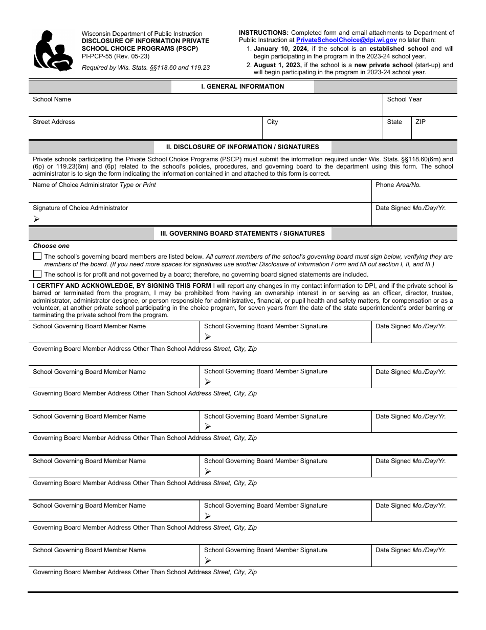Form PI-PCP-55 Disclosure of Information Private School Choice Programs (Pscp) - Wisconsin, Page 1