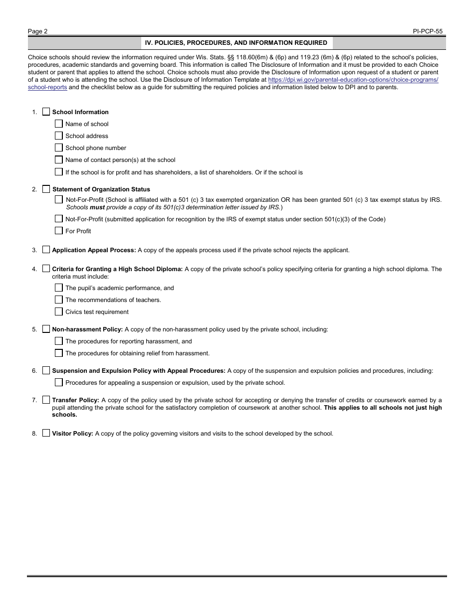 Form PI-PCP-55 Disclosure of Information Private School Choice Programs (Pscp) - Wisconsin, Page 2