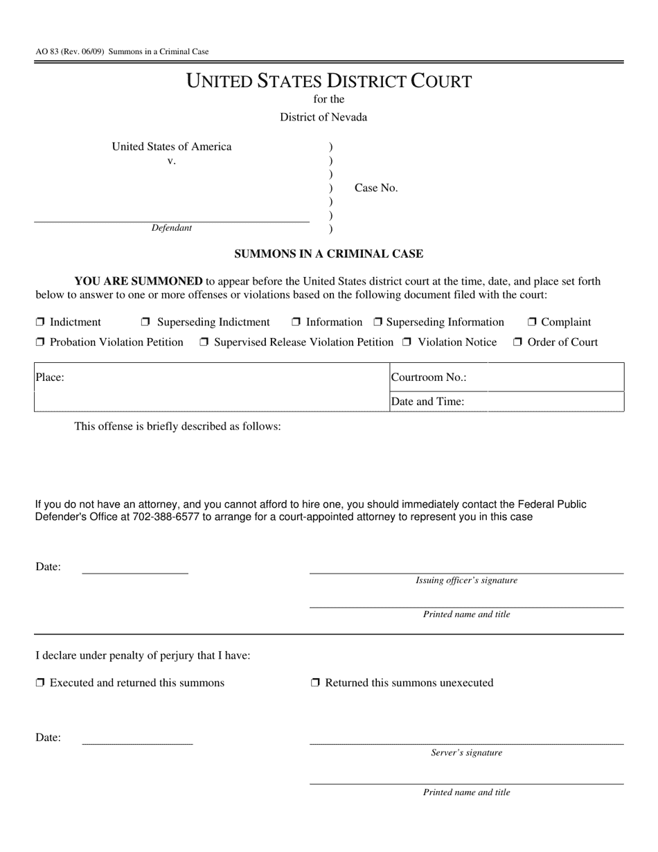 Form AO83 Summons in a Criminal Case - Nevada, Page 1