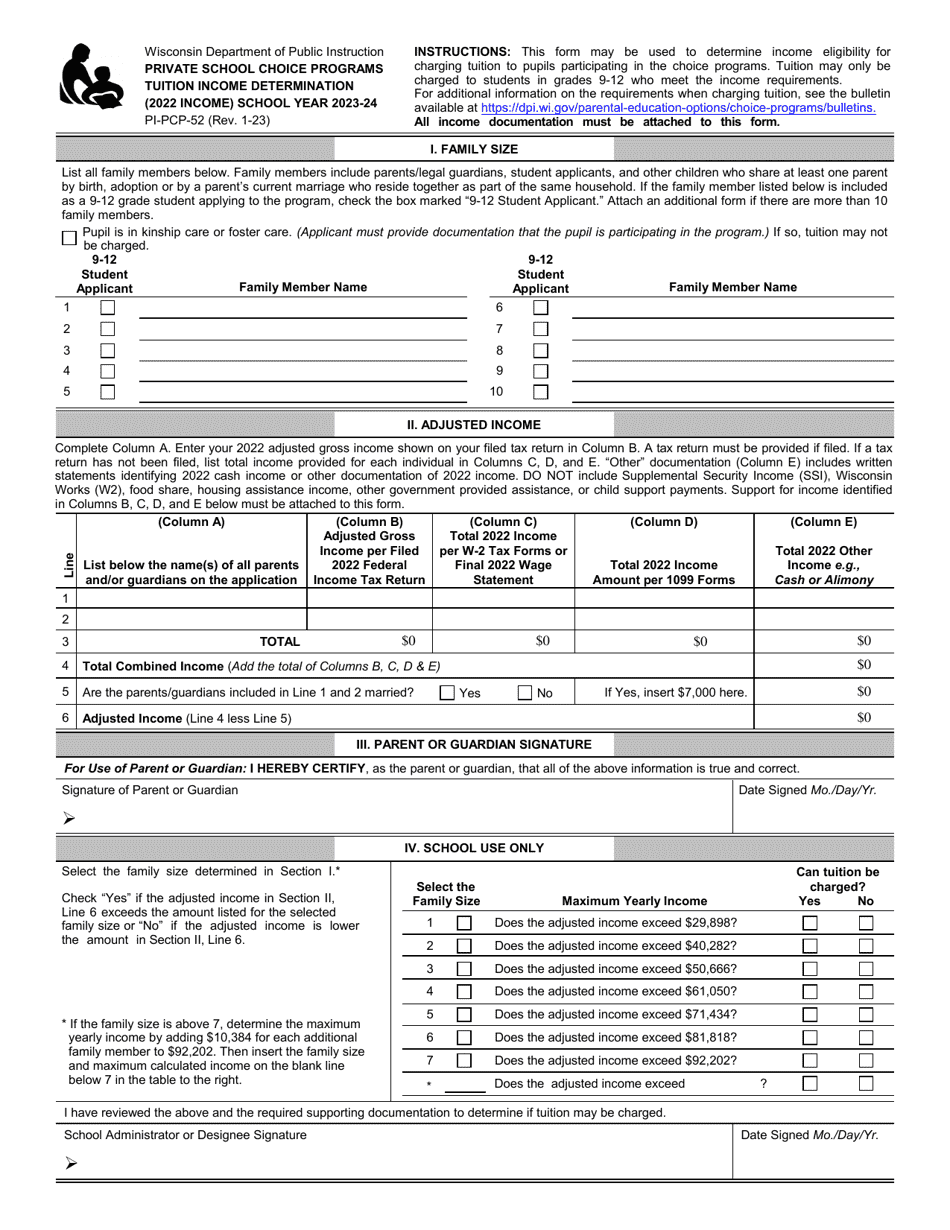 Form PI-PCP-52 Tuition Income Determination - Private School Choice Programs - Wisconsin, Page 1