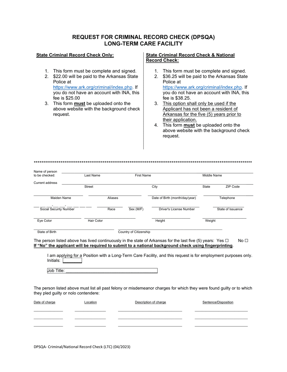 Request for Criminal Record Check (Dpsqa) - Long-Term Care Facility - Arkansas, Page 1