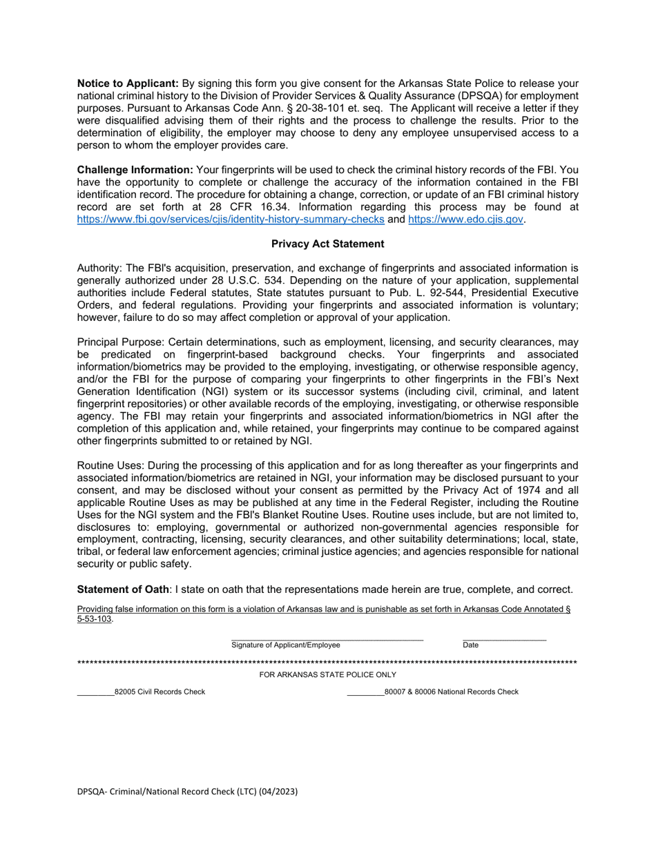 Request for Criminal Record Check (Dpsqa) - Long-Term Care Facility - Arkansas, Page 2