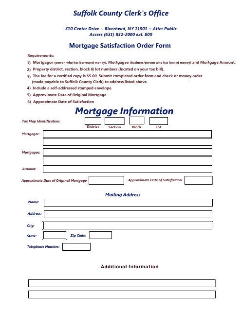 Mortgage Satisfaction Order Form - Suffolk County, New York