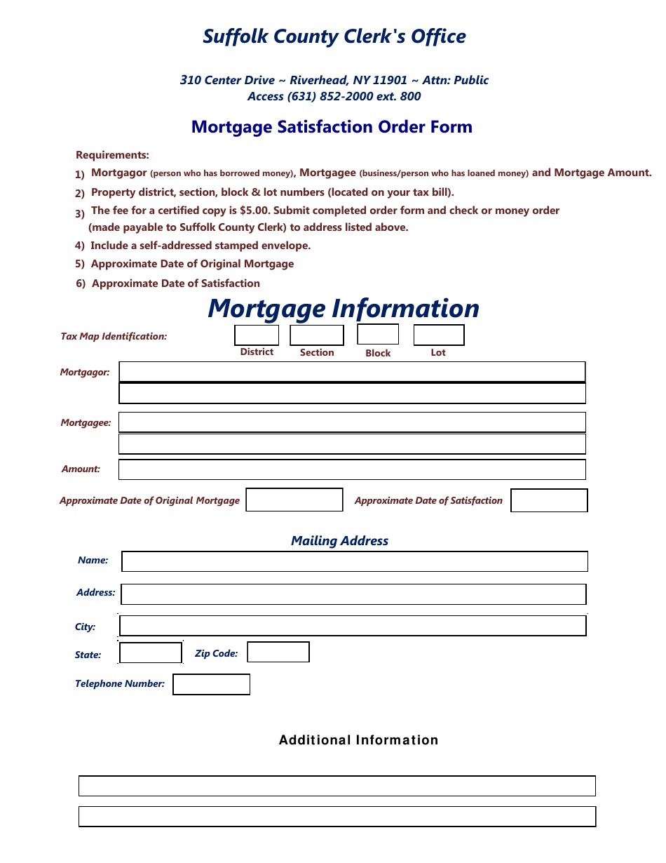 Mortgage Satisfaction Order Form - Suffolk County, New York, Page 1