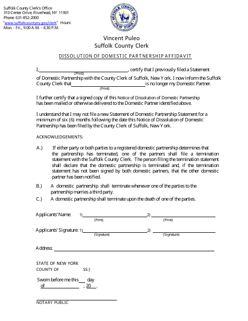 Dissolution of Domestic Partnership Affidavit - Suffolk County, New York