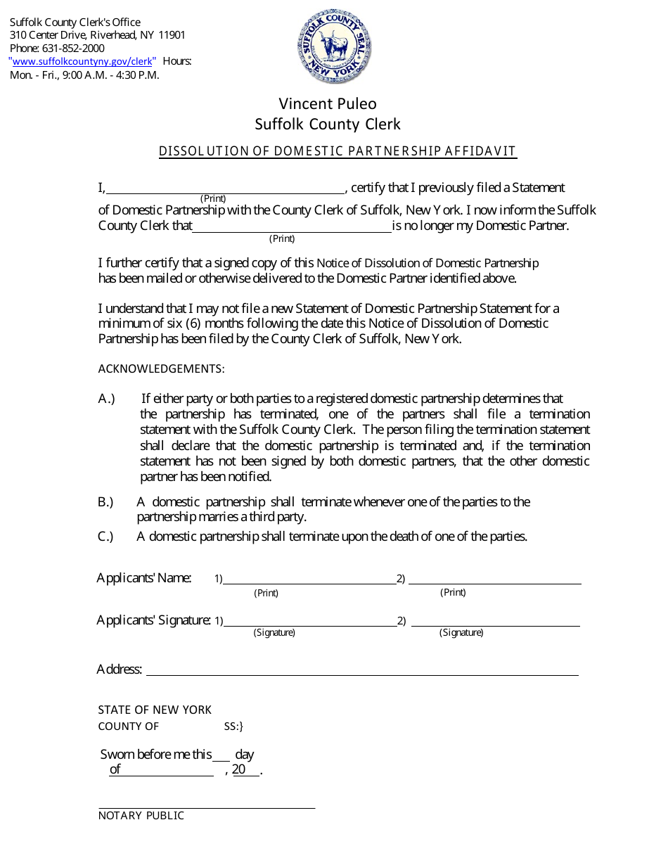 Dissolution of Domestic Partnership Affidavit - Suffolk County, New York, Page 1
