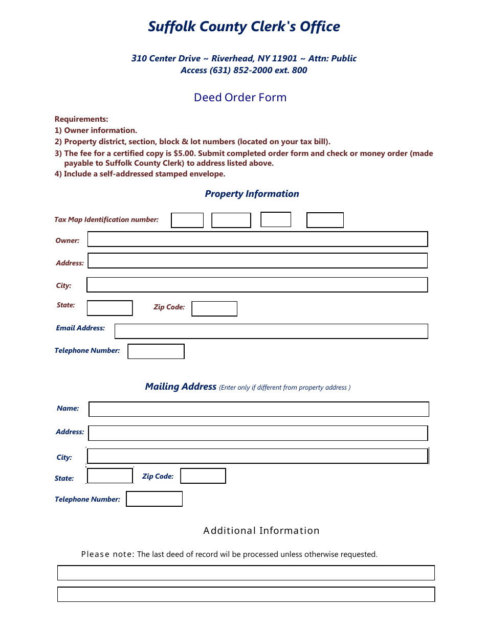 Suffolk County, New York Deed Order Form Fill Out, Sign Online and Download PDF Templateroller