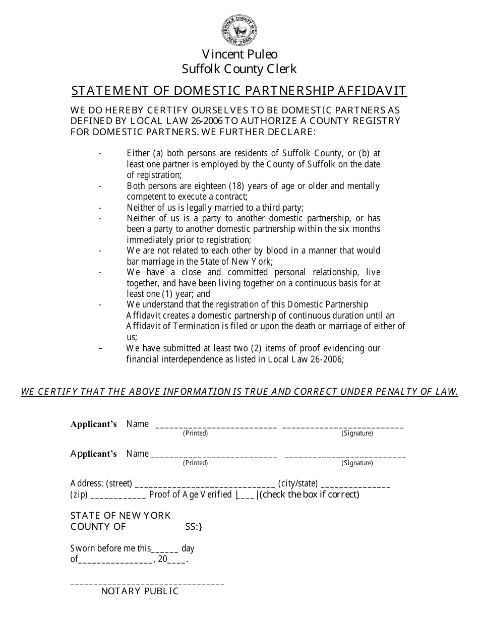 Statement of Domestic Partnership Affidavit - Suffolk County, New York, Page 1