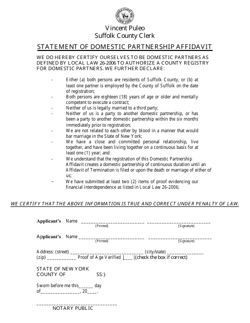 Statement of Domestic Partnership Affidavit - Suffolk County, New York