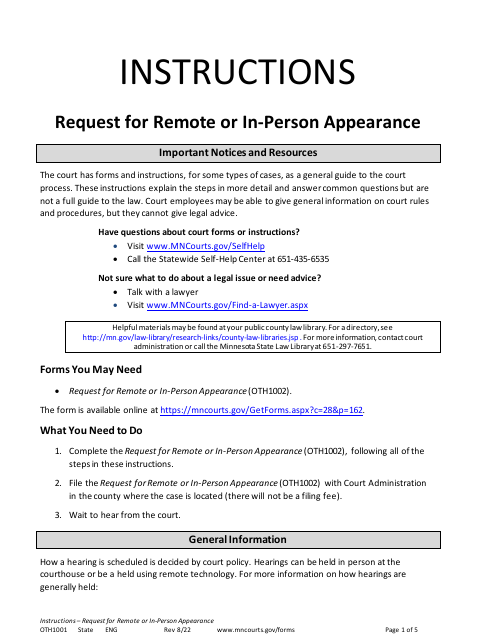 Instructions for Form OTH1002 Request for Remote or in-Person Appearance - Minnesota