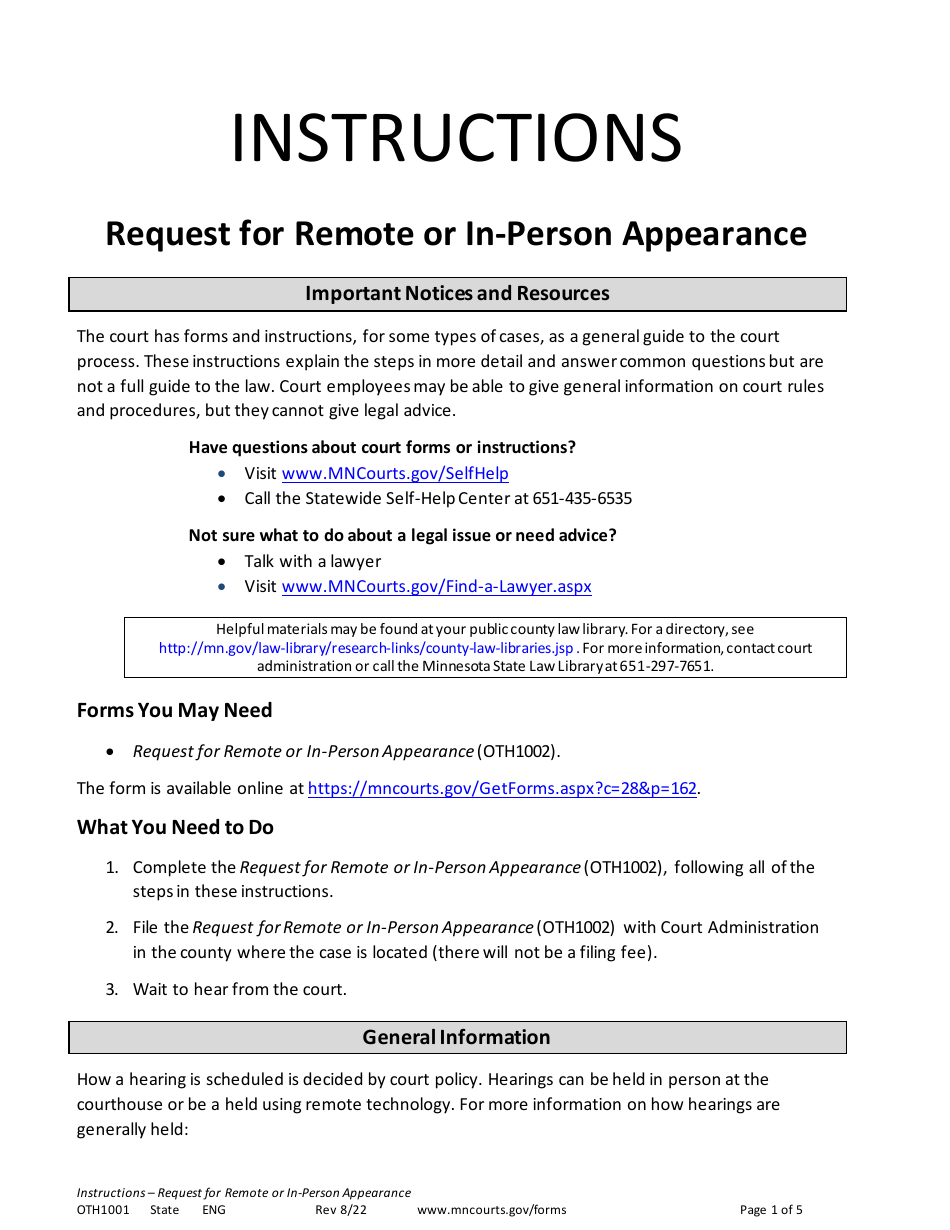 Instructions for Form OTH1002 Request for Remote or in-Person Appearance - Minnesota, Page 1