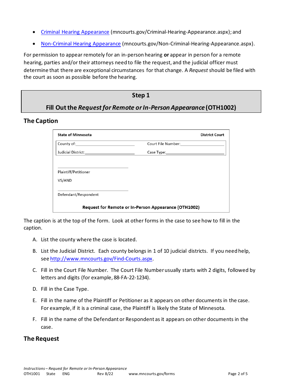 Instructions for Form OTH1002 Request for Remote or in-Person Appearance - Minnesota, Page 2