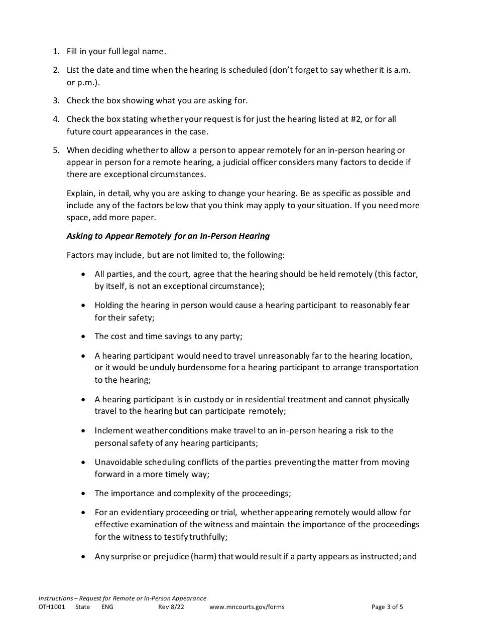 Instructions for Form OTH1002 Request for Remote or in-Person Appearance - Minnesota, Page 3