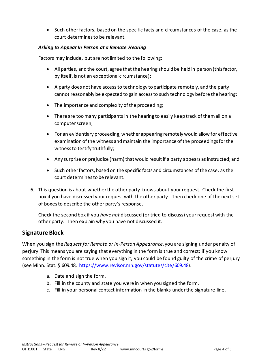 Instructions for Form OTH1002 Request for Remote or in-Person Appearance - Minnesota, Page 4