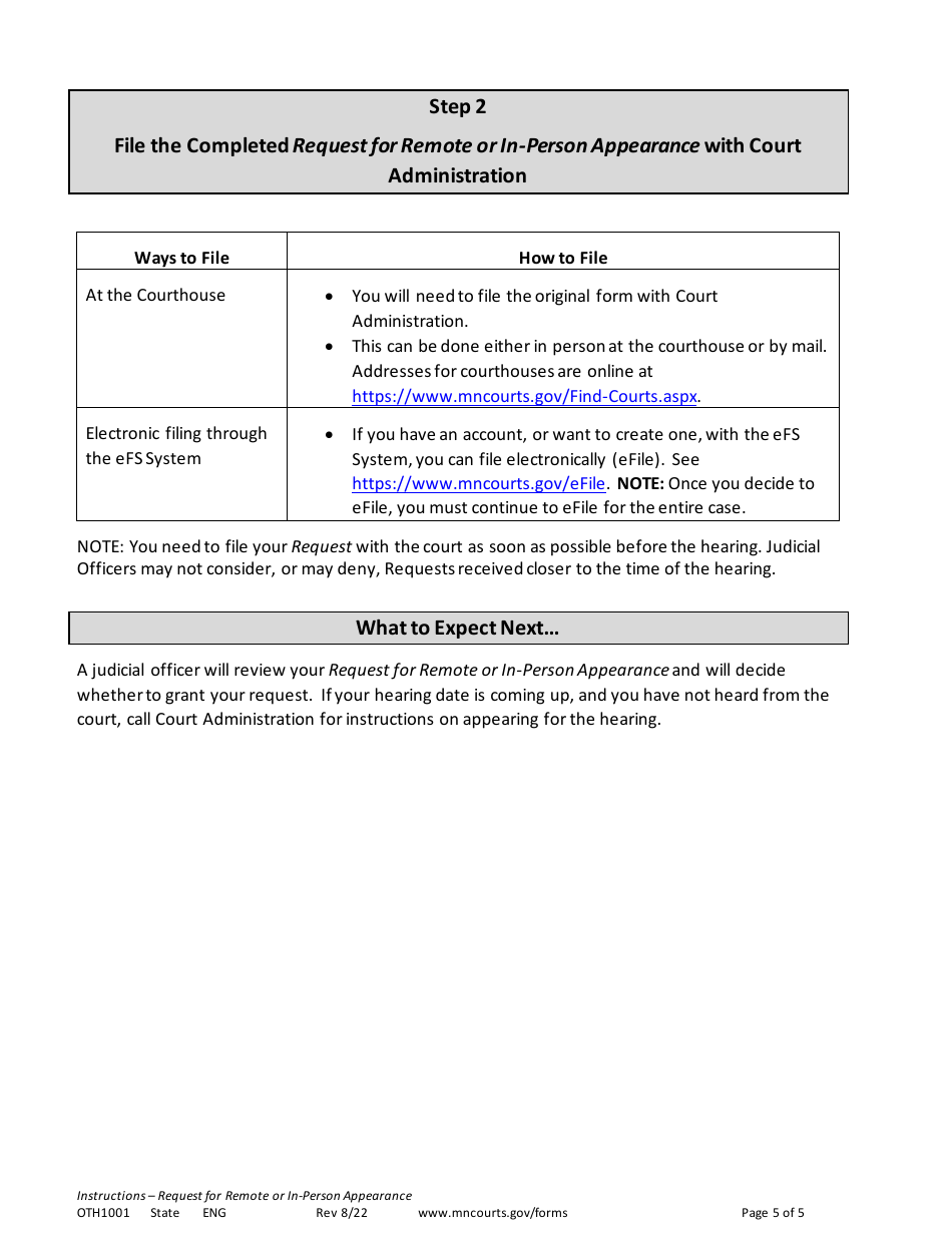 Instructions for Form OTH1002 Request for Remote or in-Person Appearance - Minnesota, Page 5
