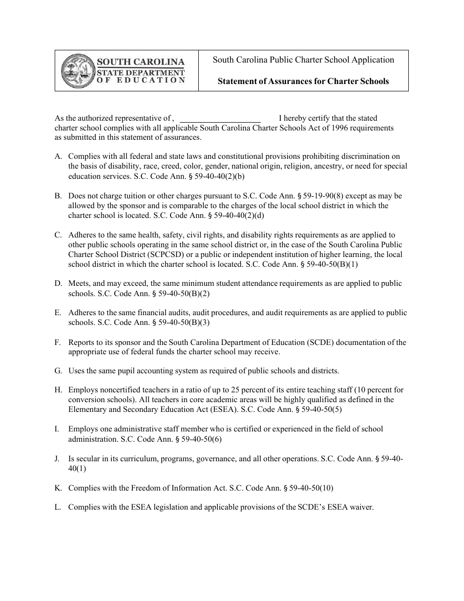 Statement of Assurances for Charter Schools - South Carolina, Page 1