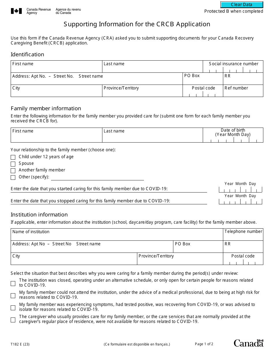 Form T182 Supporting Information for the Crcb Application - Canada, Page 1