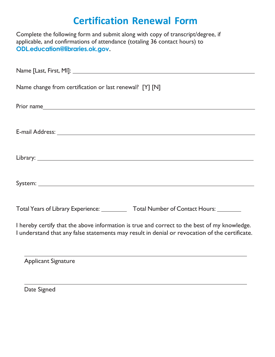 Certification Renewal Form - Oklahoma, Page 1