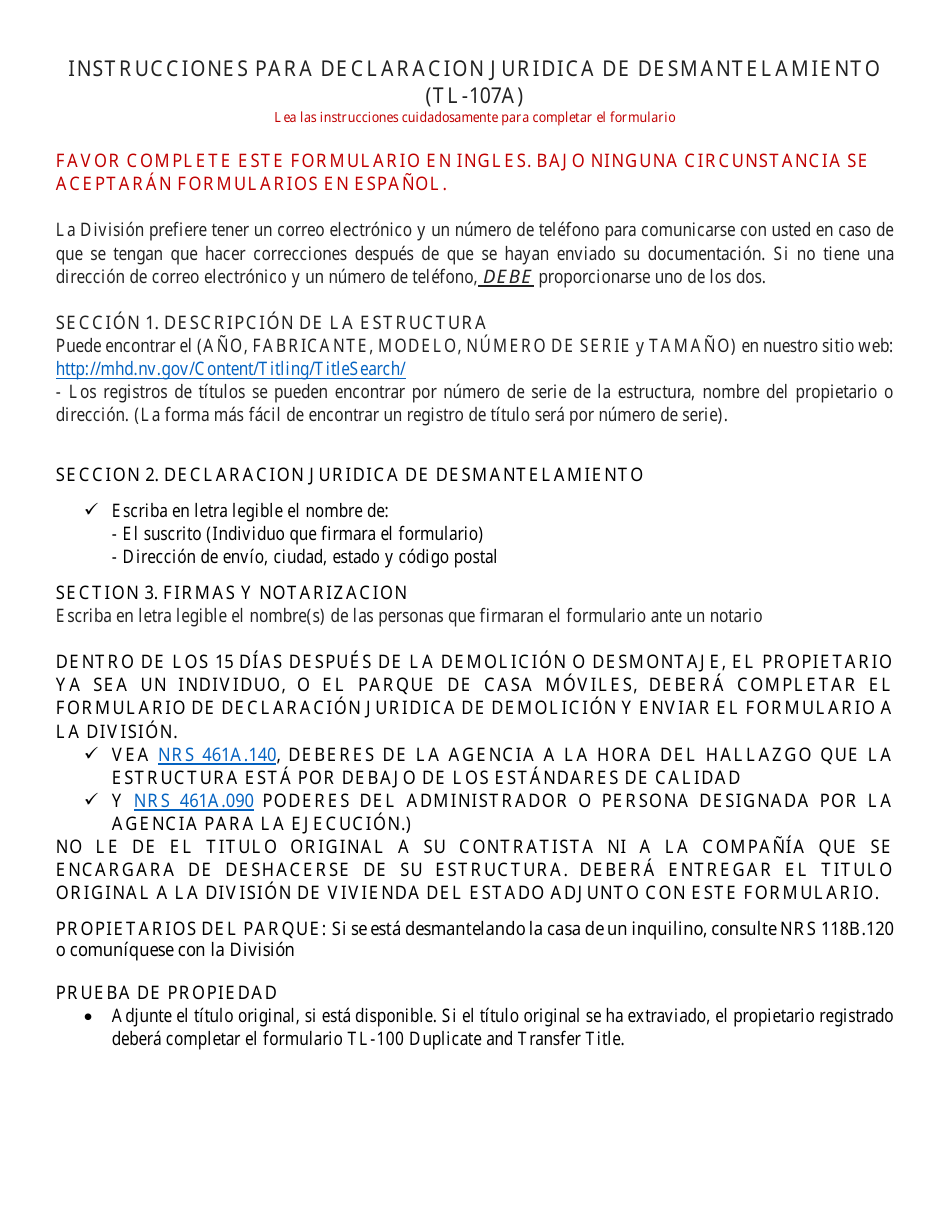 Form TL-107A Affidavit of Dismantling - Nevada (English / Spanish), Page 1