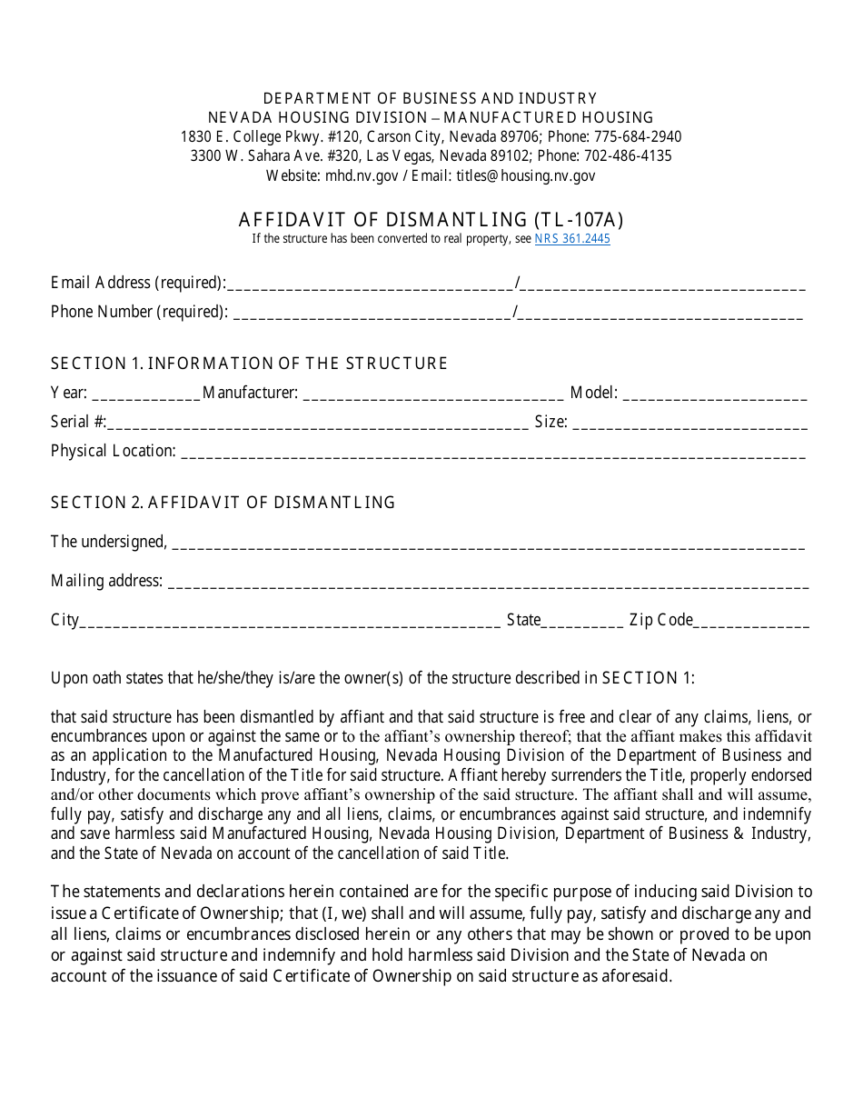 Form TL-107A Affidavit of Dismantling - Nevada (English / Spanish), Page 3