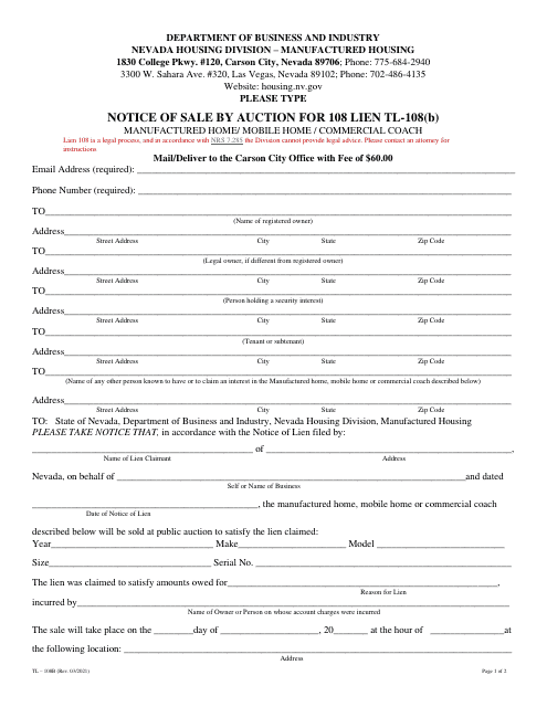 Form TL-108B Notice of Sale by Auction - Nevada