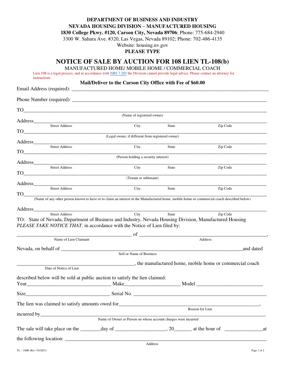 Form TL-108B Notice of Sale by Auction - Nevada, Page 1