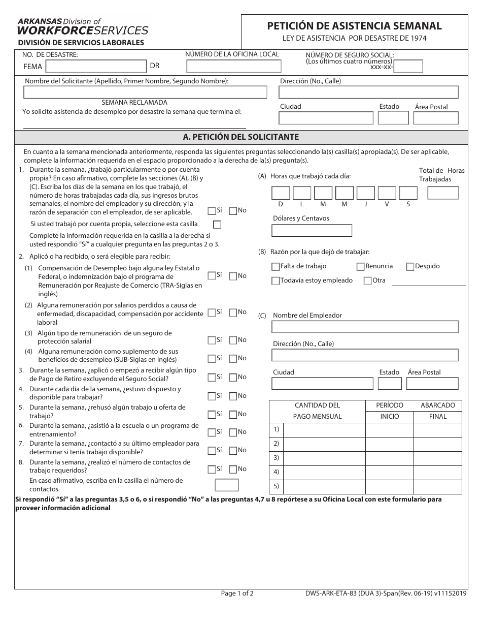 Formulario DWS-ARK-ETA-83 Peticion De Asistencia Semanal - Arkansas (Spanish), Page 1