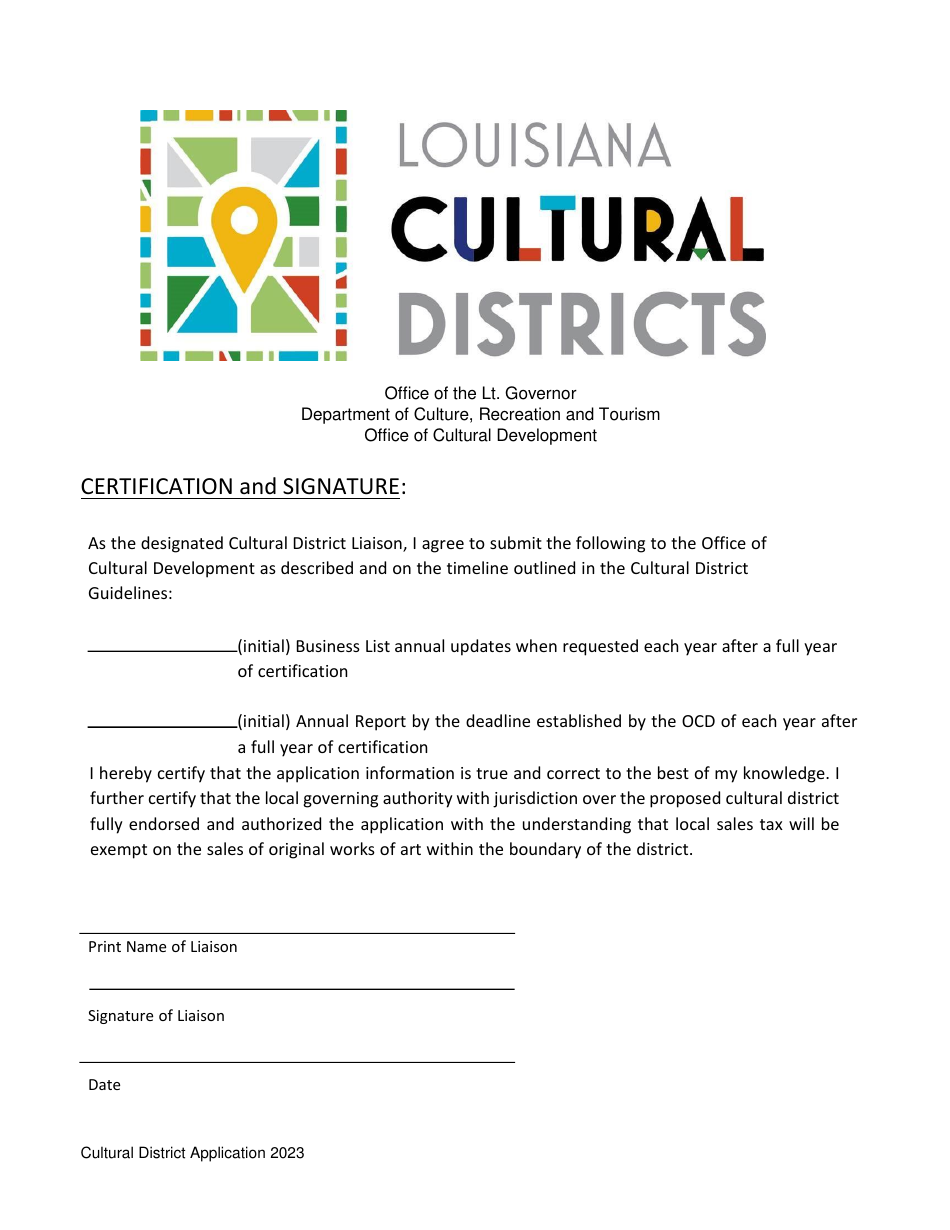 Cultural District Application Liaison Signature Page - Louisiana, Page 1