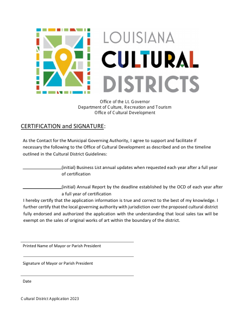 Cultural District Application Mayor Signature Page - Louisiana