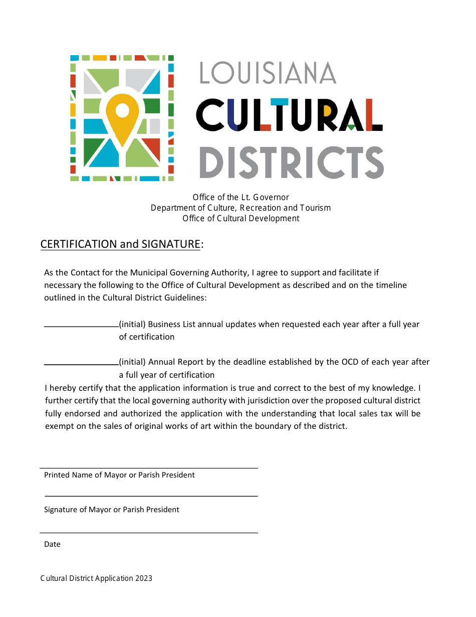 Louisiana Cultural District Application Mayor Signature Page Fill Out